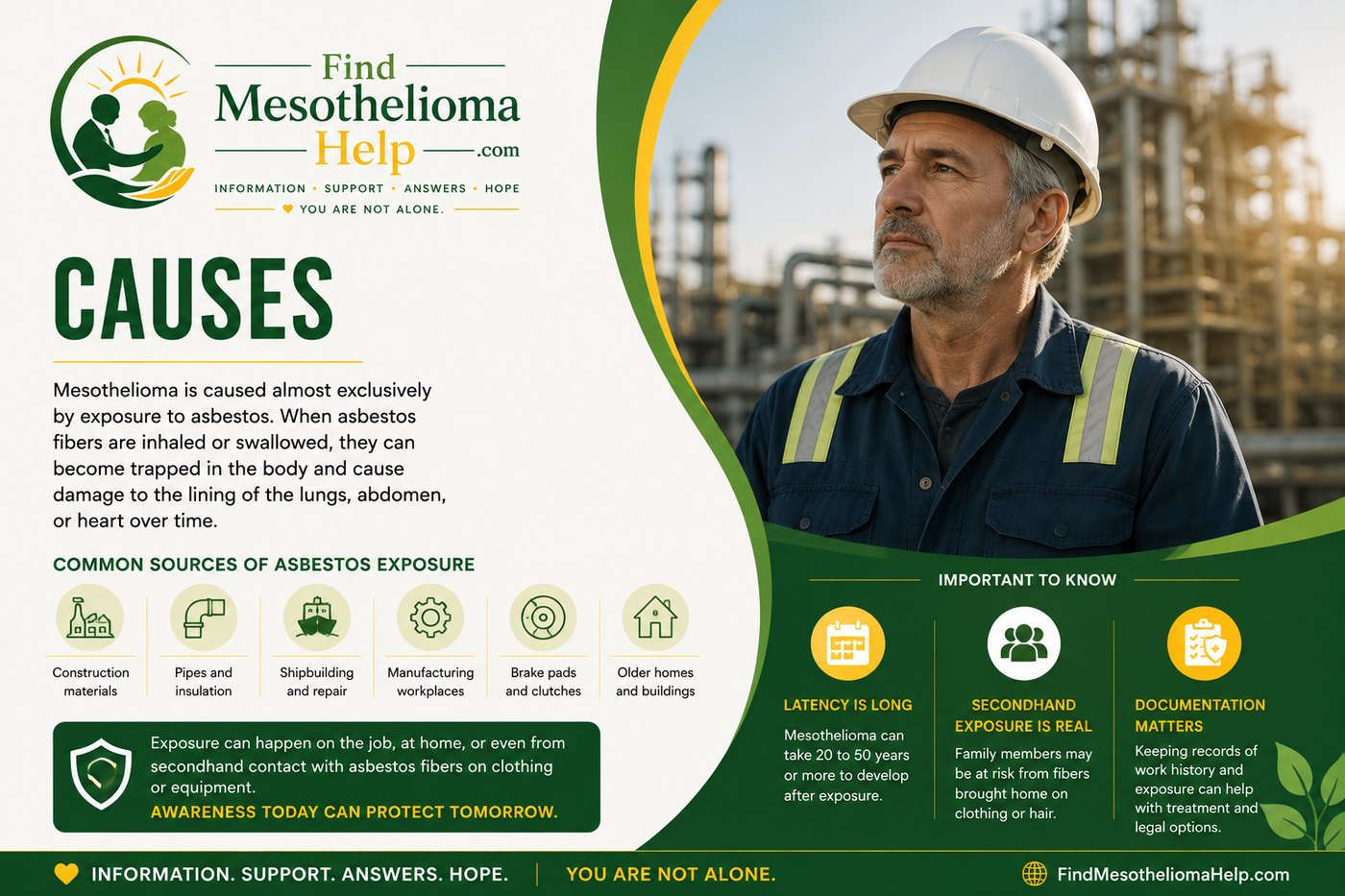 Causes of mesothelioma banner: common asbestos exposure sources such as construction, insulation, shipbuilding, and older buildings